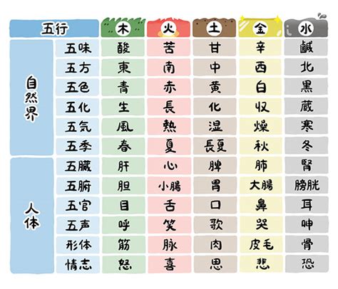 五行分類表|五行の分類表